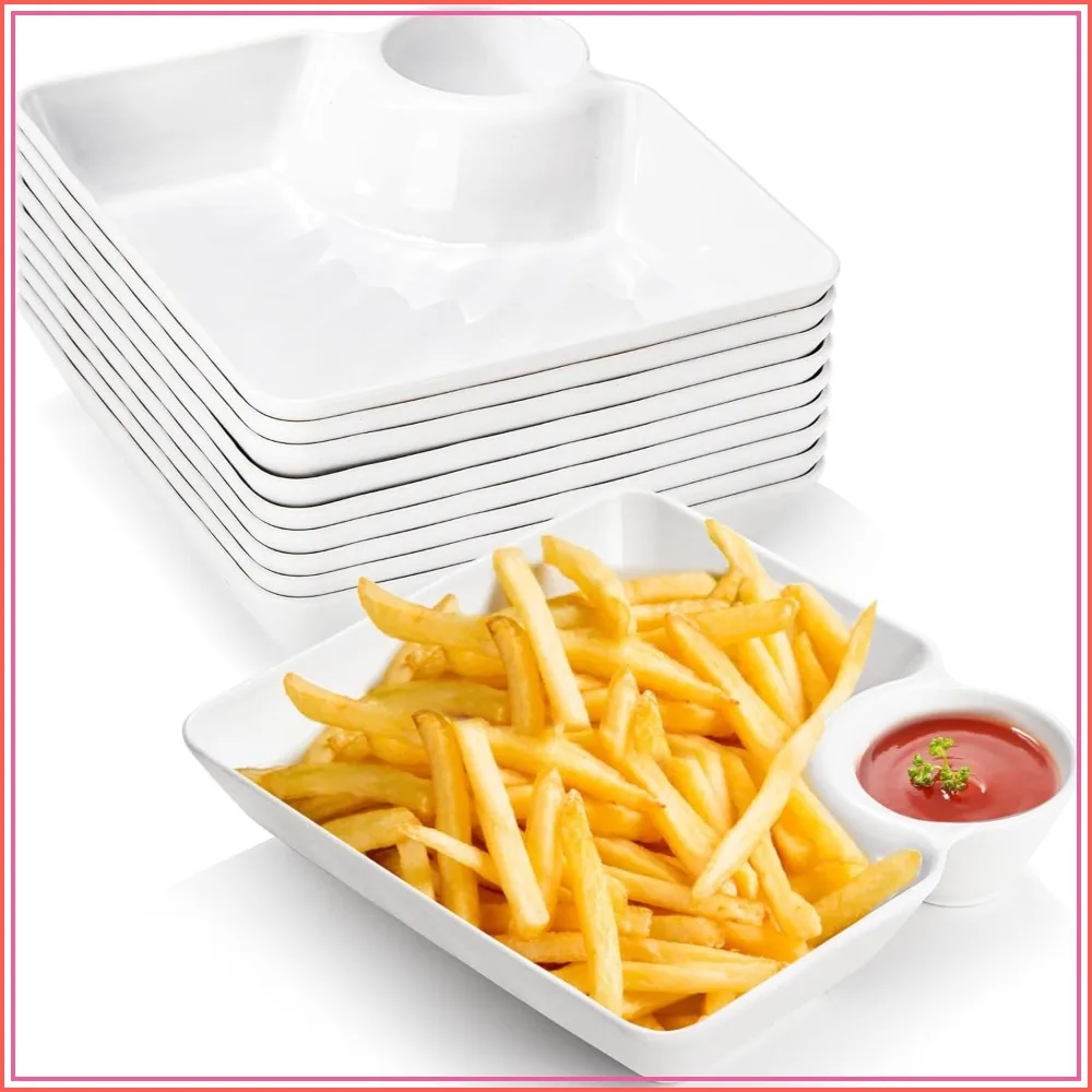 Juego de 10 Platos para Chips y Salsas, Platos de Plástico para Servir Dumplings con Salsera, Platos Divididos Blancos para Servir Aperitivos, Sushi, Salsa de Tacos, Charcutería, Reutilizables