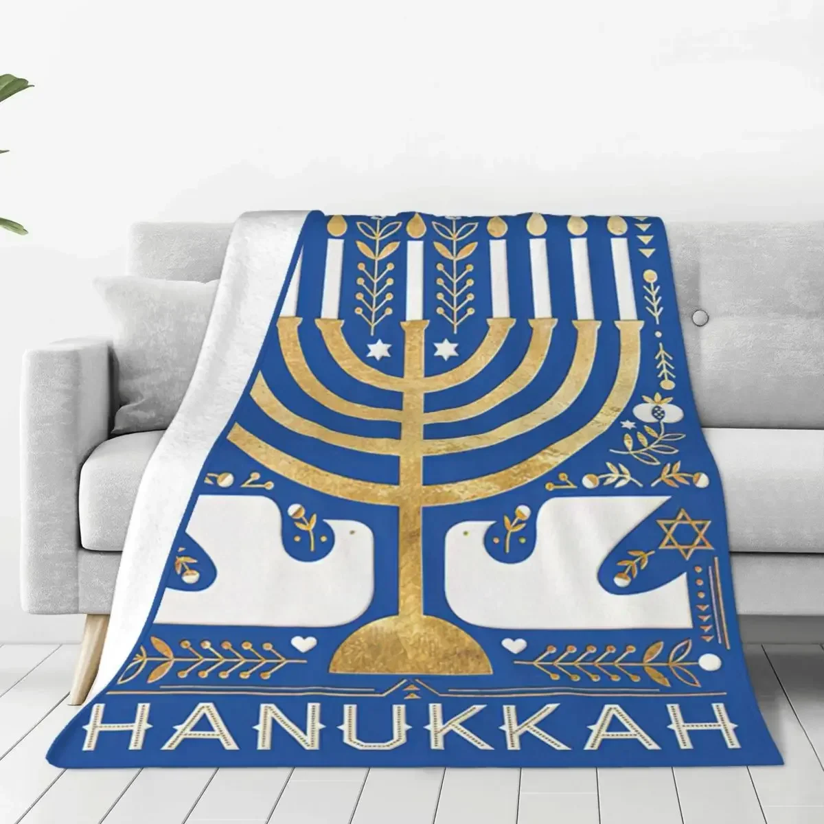 

Hanukkah Traditional Festive Plaid Blankets Flannel Spring/Autumn Christmas Gift Warm Throw Blanket for Home Couch Rug Piece