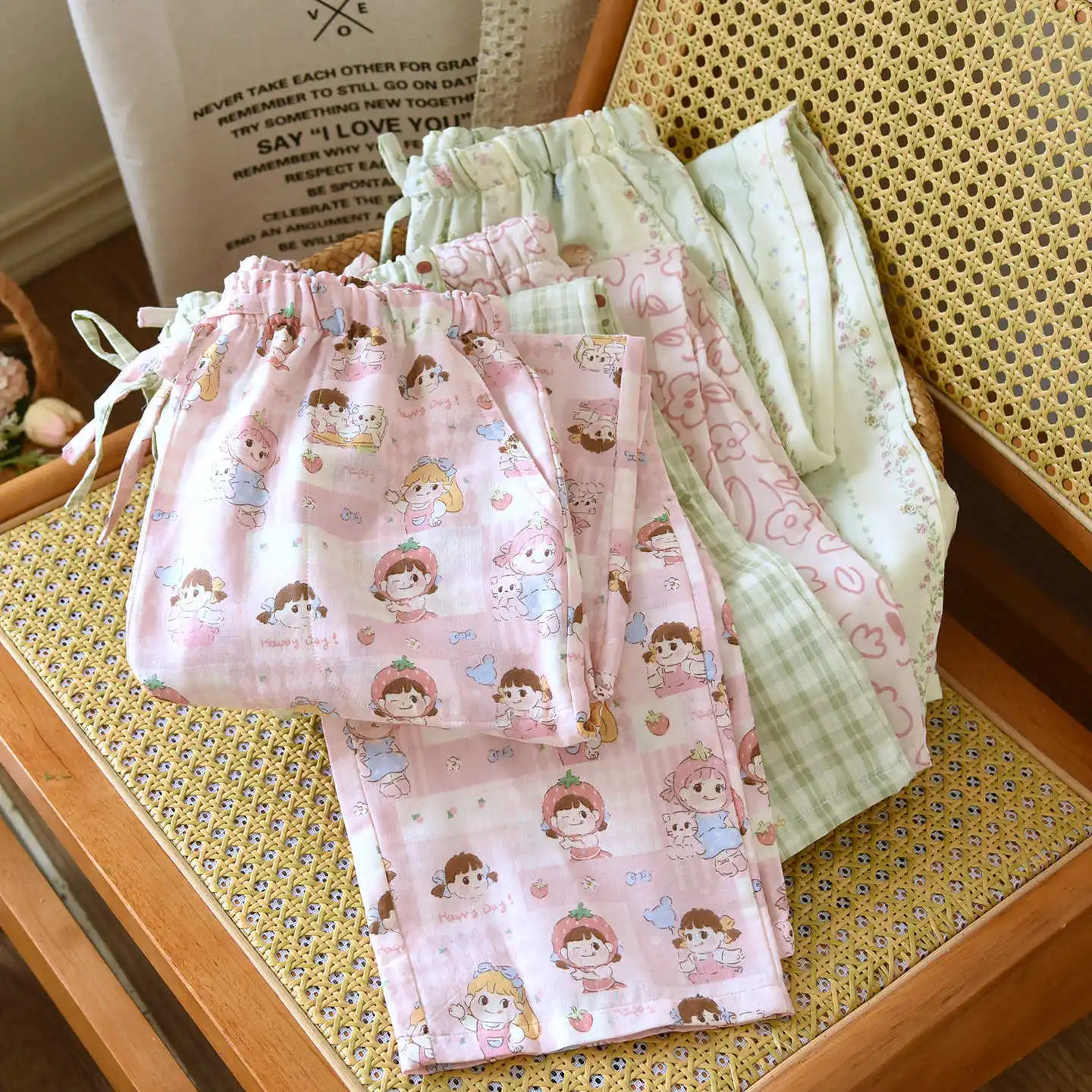 Pure Cotton Sleep Pants Women's Straight Leg Thin Spring Autumn Home Wear with Pockets Cartoon Cute Long Pants