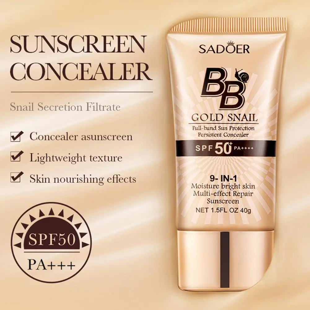 SPF50+ Gold Snail Sunscreen Moisturizing BB Cream Concealer Makeup Foundation Cream Lasting Sun Protection Whitening Base Primer