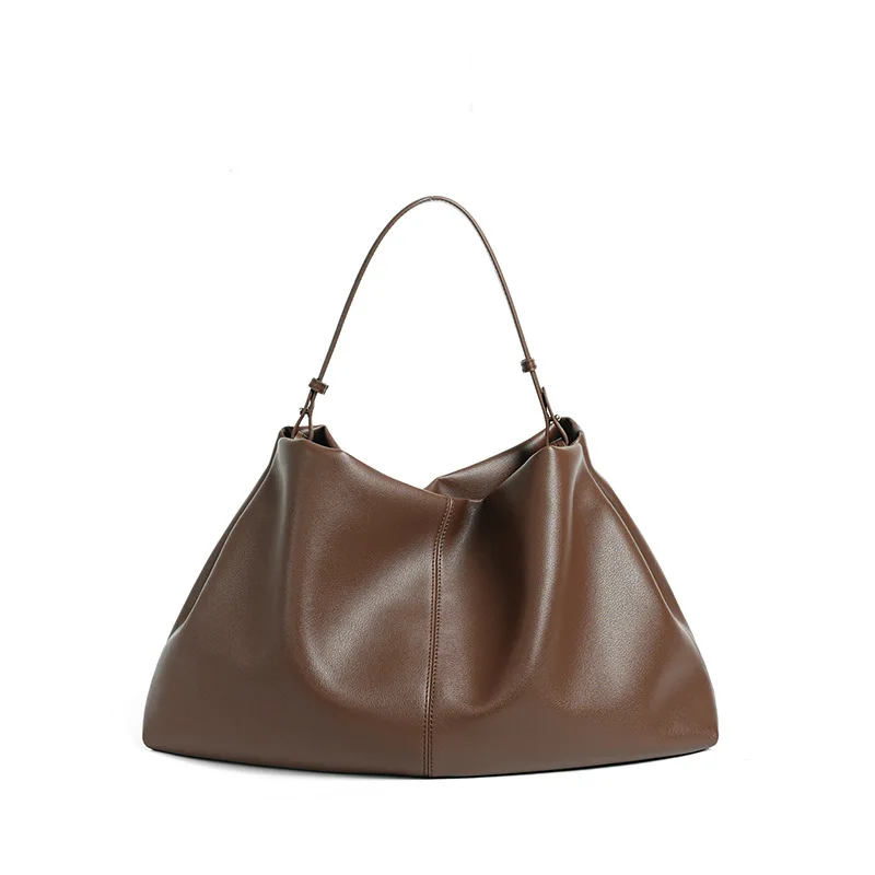 

Luxury Genuine Soft Cowhide Leather Coffee Brown Large Capacity Travel Tote Slouchy Business Style Women's Shoulder Handbag Work