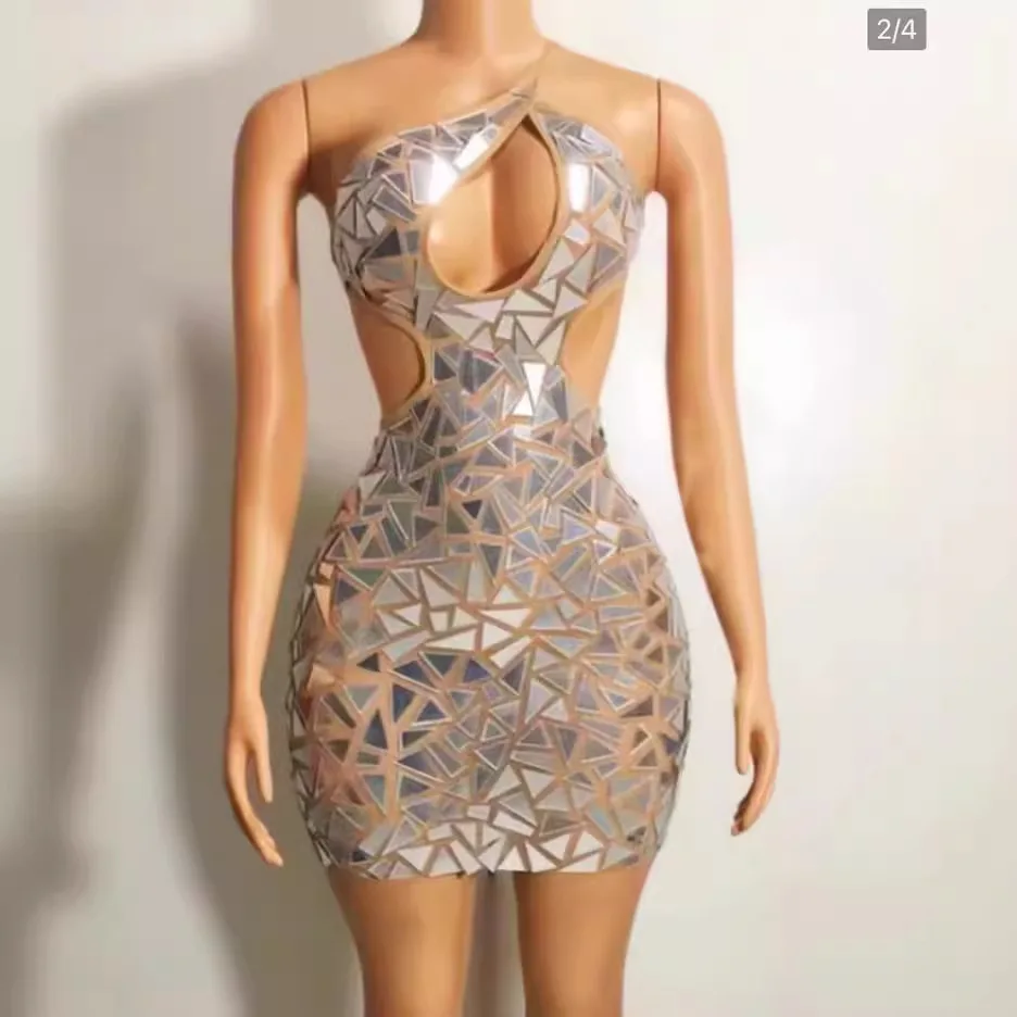 Costume da spettacolo di compleanno con paillettes scintillanti a specchio Mini abito da gala da donna sexy senza maniche Abito da cerimonia Donna Abito da ballo di lusso