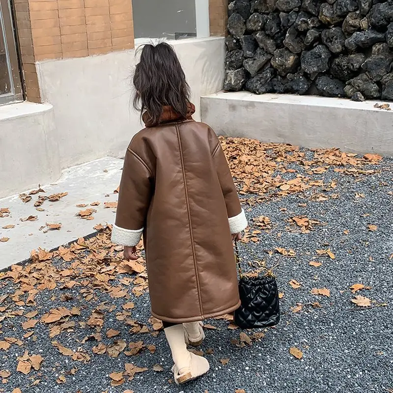 Winter Childent Long Coat Warm Brown Plus Velvet Artificial Leather Girls Thick Jacket Casual Artificial fur Clothing Snow Outwe