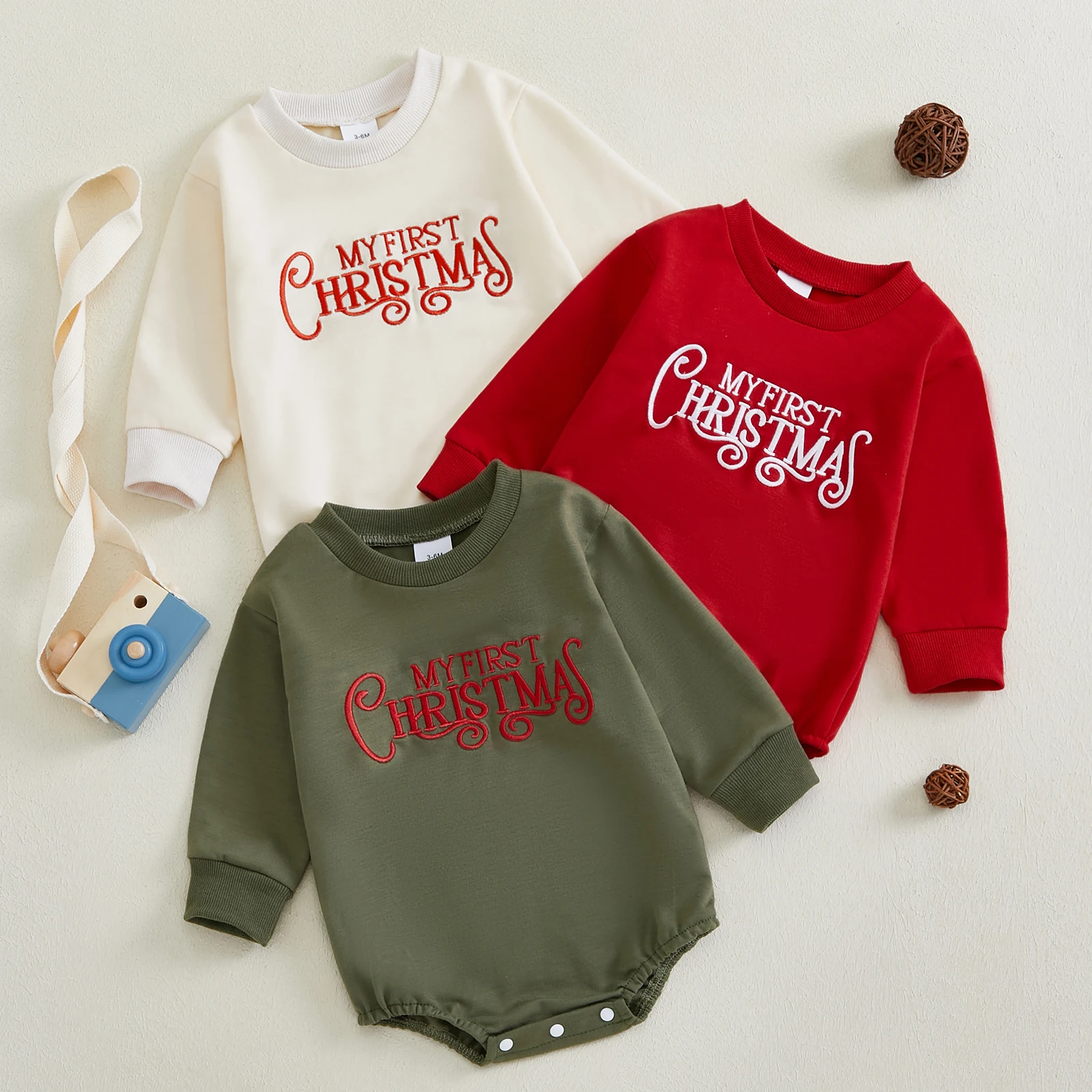 Baby Christmas Bubble Romper Letter Embroidery Long Sleeve Sweatshirt Jumpsuit for Newborn Boys Girls Xmas Clothes