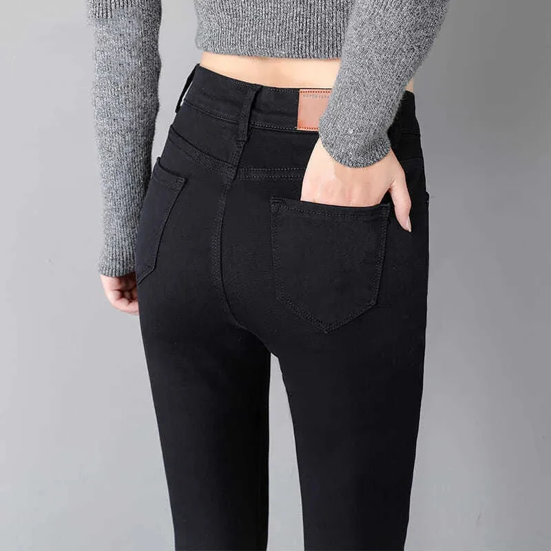 Korean Version Of Black Jeans Women's Mid-high Waist Show Thin Elastic All-match Slim Outer Wear Leggings Casual Pencil Pants