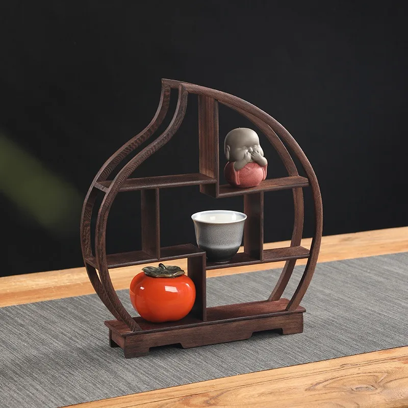 Wenge Wood Small Curio Shelf,Display Rack Miniature Collector Stand for Desk,Tabletop Decor Organizer with Multiple Compartments