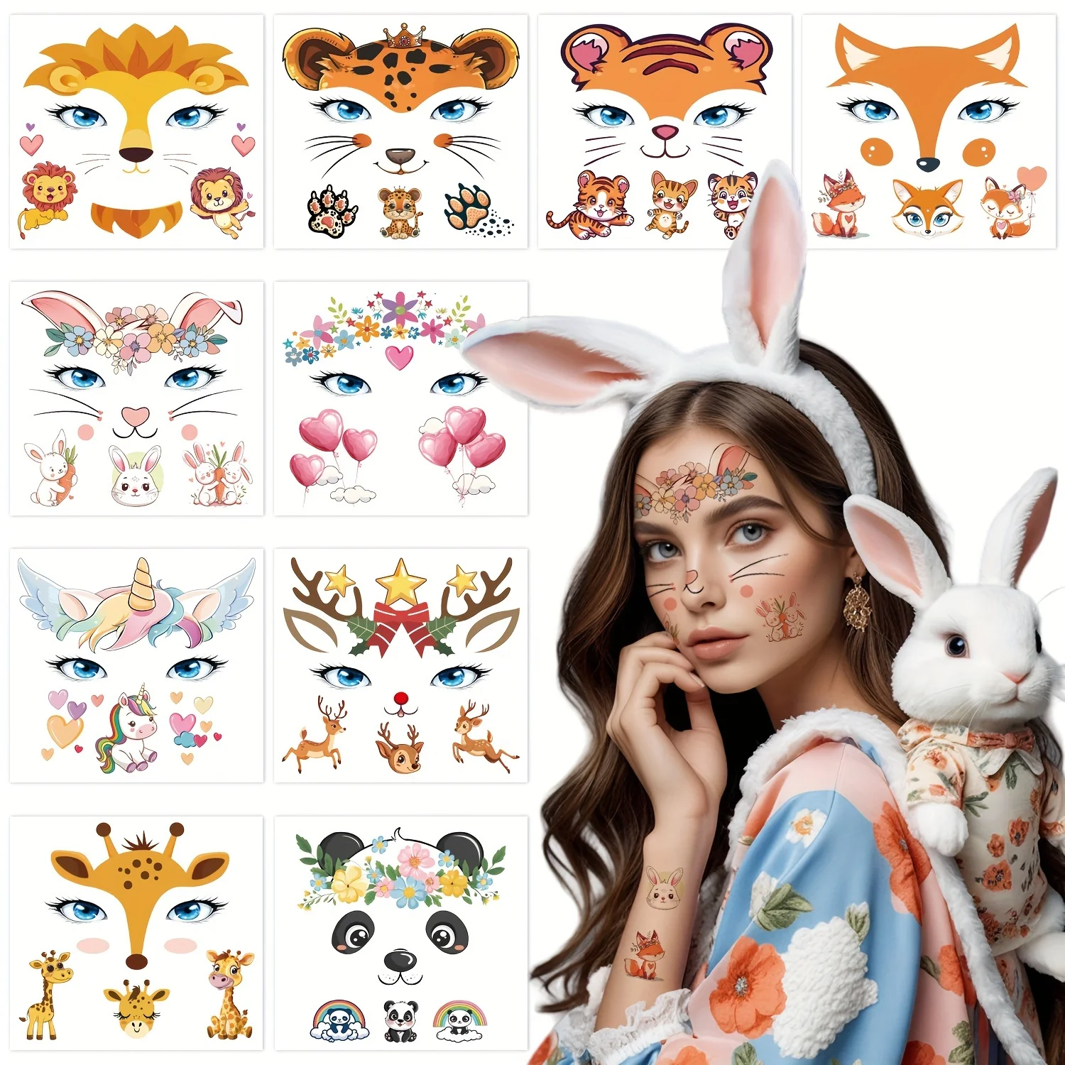 10 arkuszy tatuaż na twarz do makijażu impreza pokaz sceniczny jednorożec naklejki na twarz Cute Cartoon zwierząt wodoodporne tymczasowe fałszywe tatuaże