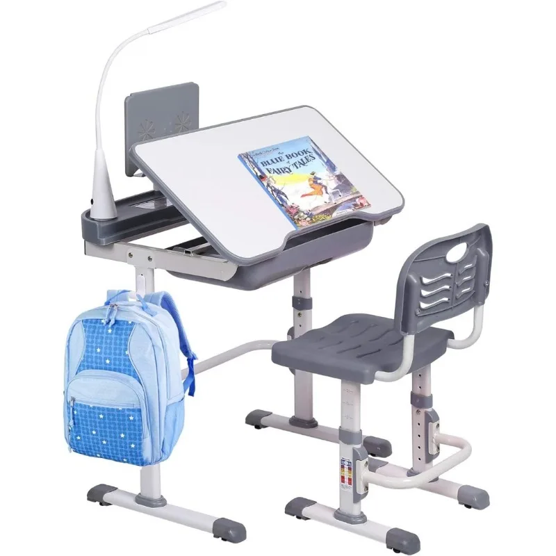 Kids Desk and Chair Set, Height Adjustable Child's School Study Writing Tables with Tilt Desktop, LED Light, Storage Drawer