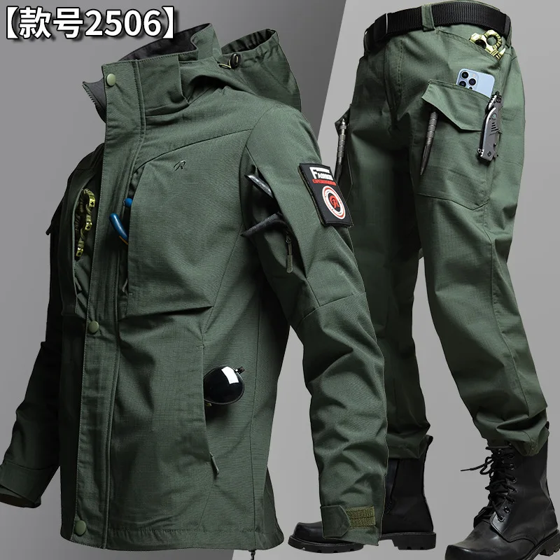 2Pcs/set Men Tactical Suit Anti-Tear Multi Pocket Outdoor Hiking Jacket Cargo Pants Multi Pockets Breathable Casual Work Uniform
