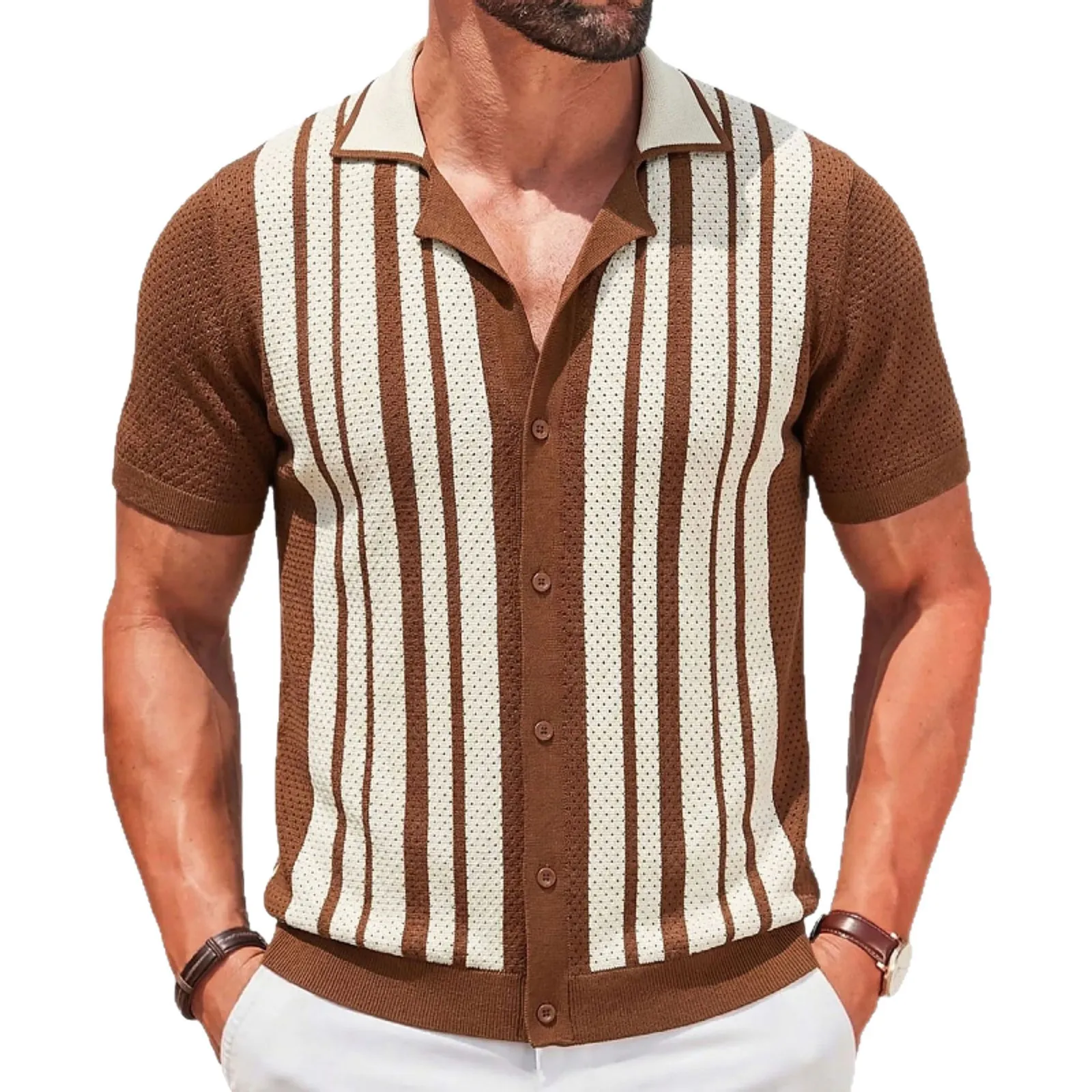 Camisa polo informal para hombre, marrón a rayas, cuello cubano, manga corta, tejido calado, camisa de moda, ropa para hombre