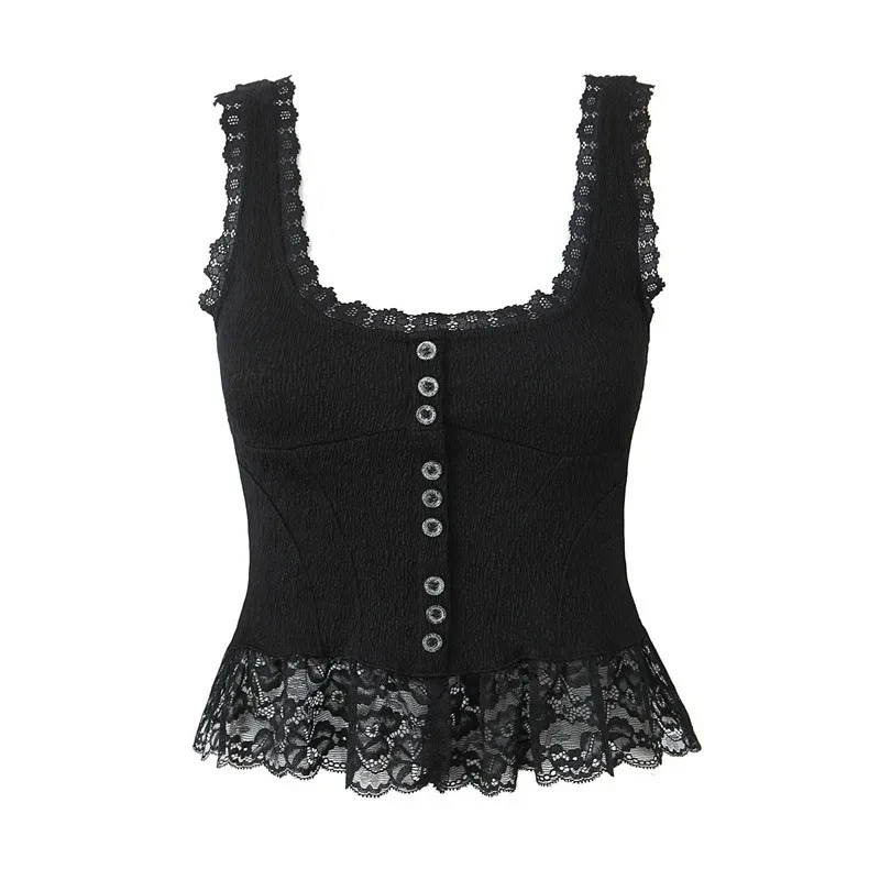

Strap Vest Women's French Lace Patchwork Pure Desire Spicy Girl Slimming Lace Short Top Spring and Summer New Products