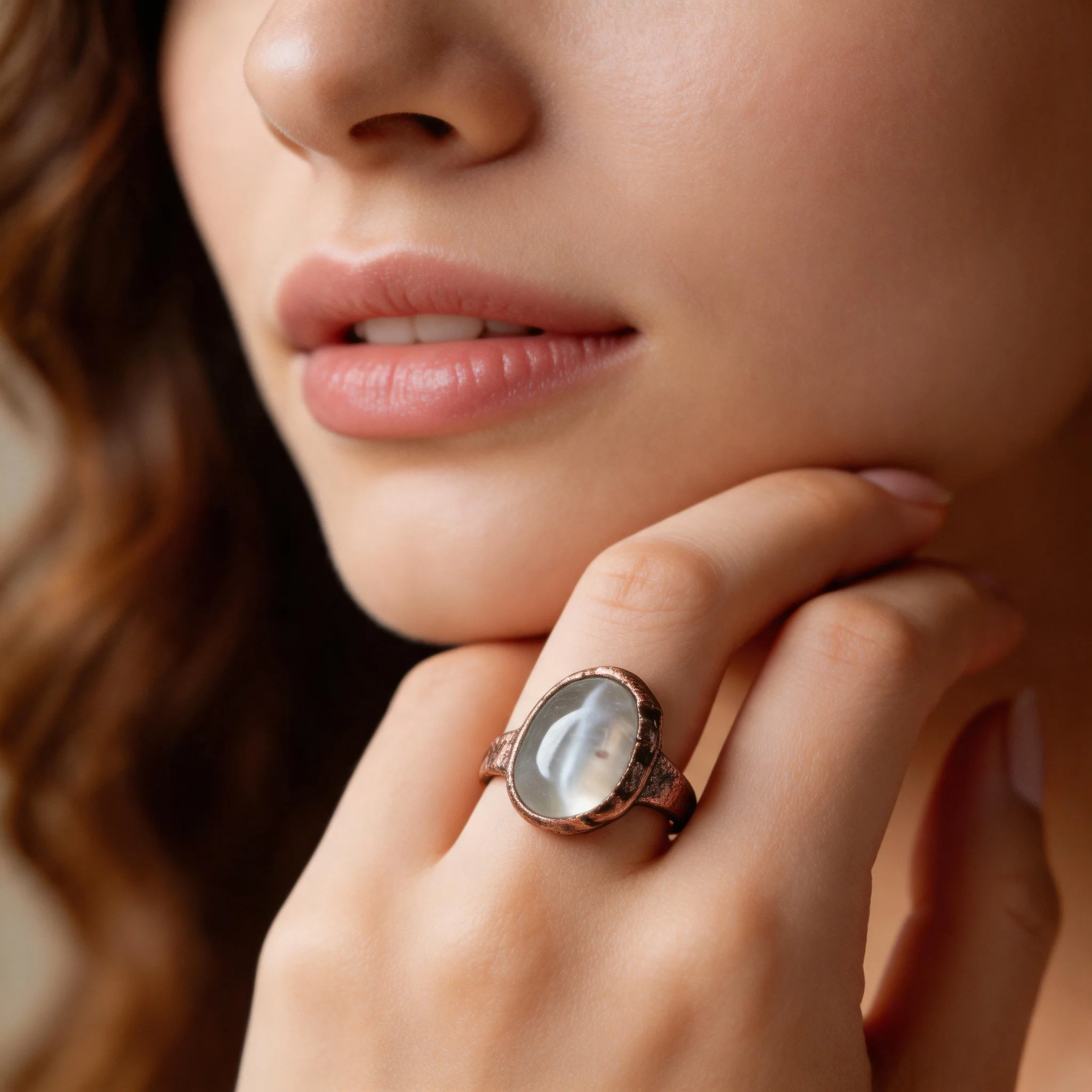 Adjustable Free Size Ring | Irregular Natural White Crystal Quartz Stone | Handmade Soldering Bronze Plated Copper Edge