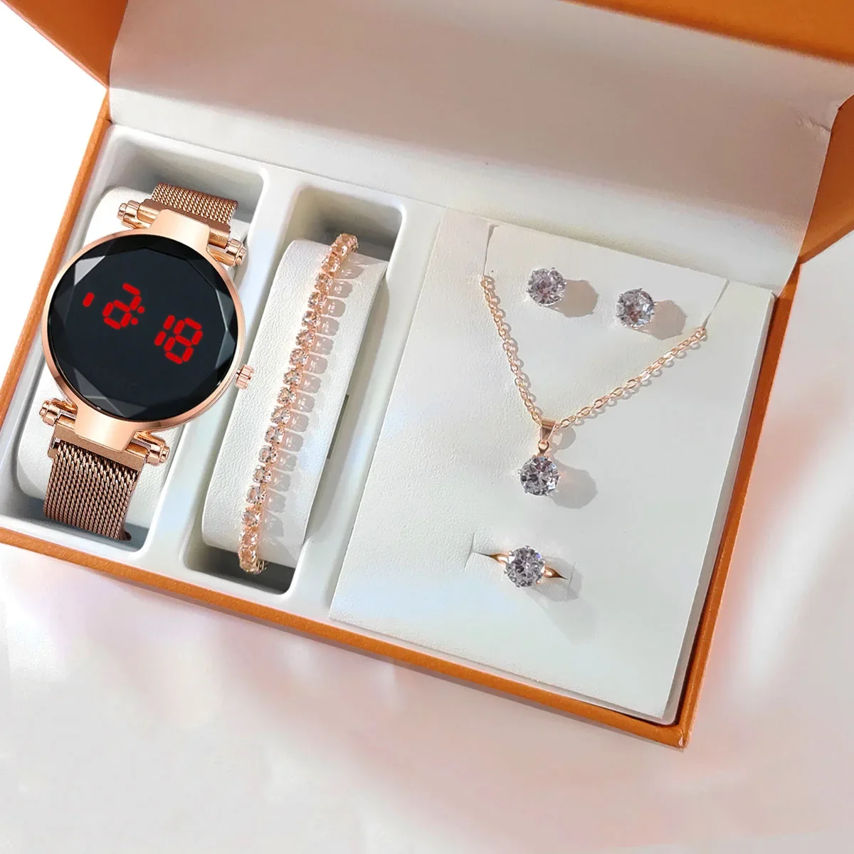 Luxury LED Women Magnetic Bracelet Necklace Earrings Ring Watch Rose Gold Digital Dress Watch Quartz Wristwatch Ladies Clock