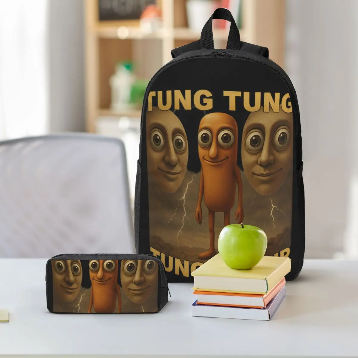 3pecs/set Tung Tung Tung Sahur Backpack for Boys Girls Italian Brainrot Meme High School Canvas Bags Lunch bag Pencil Case