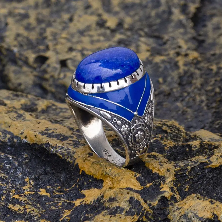 Wholesale Real 925 Sterling Silver Mens Wedding Ring Natural Lapis Lazuli Blue Stone Handmade Vintage Ring