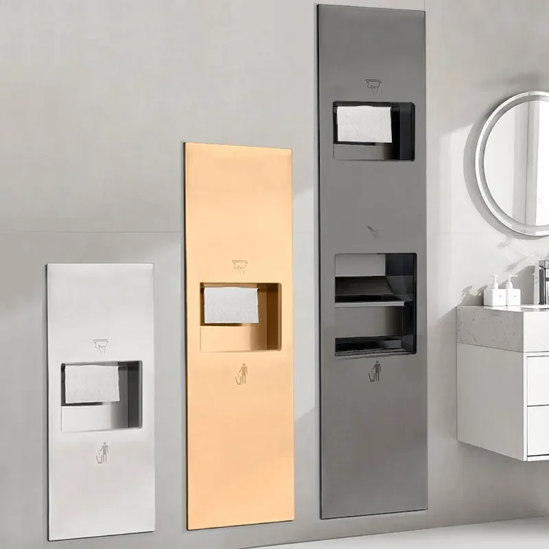 Wall Mounted Stainless Steel 3 in 1 Paper Towel Dispenser with Waste Bin and Hand Dryer for Hotel Bathroom Commercial Use