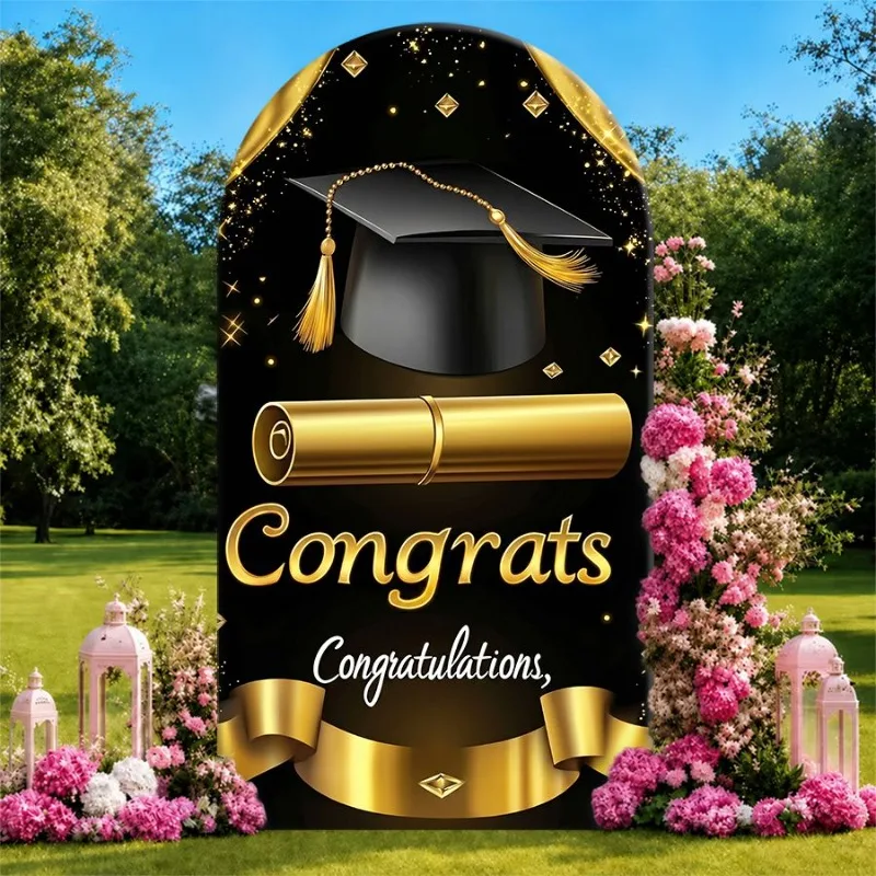

Single Side Arch Backdrop Cover Elegant Black and Gold Graduation Celebration Background with Cap Scroll and Floral Arrangements