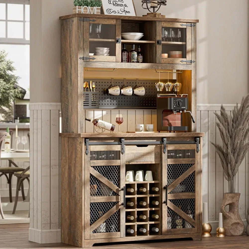 70'' Farmhouse Coffee Bar Cabinet with Power Outlet，LED Light，Buffet with Hutch W/13 Storage Shelves，12 Wine Rack，Liquor Cabinet