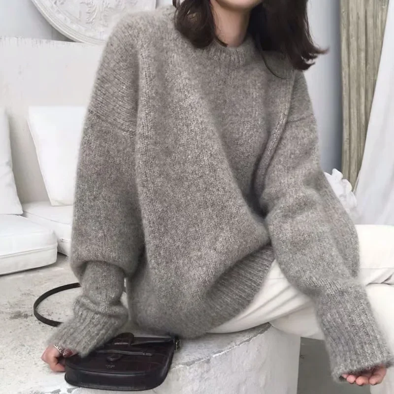

Gray Knitted Sweater Women's Loose Overhead Style Autumn Winter Vintage Fashion Inner Wear Outerwear Casual Knitwear