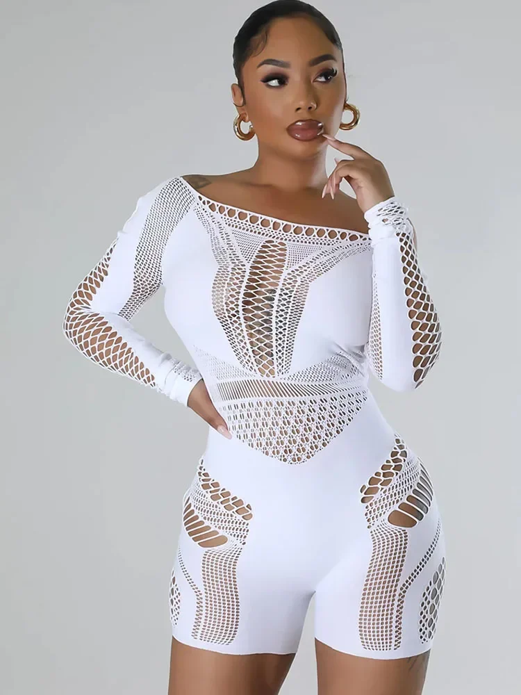 Sexy Mesh See Through Midnight Playsuits Women Long Sleeve Hollow Out Patchwork Skinny Clubwear Rompers Womens Jumpsuit Bodysuit