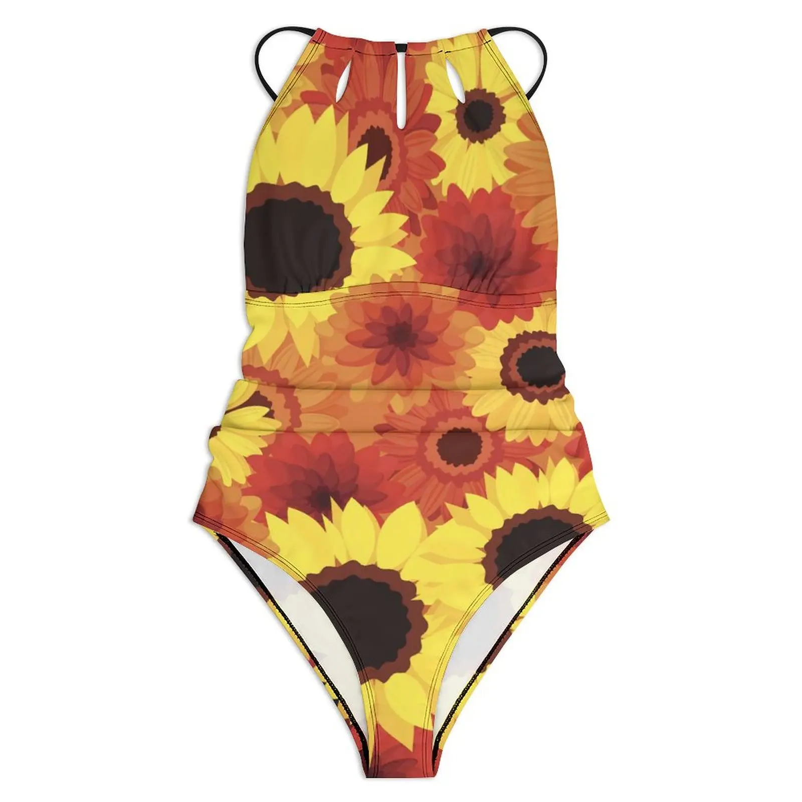 Red Yellow Sunflower Swimsuit Flower Swimwear One-Piece Fitness Design Swimsuits Halter Bathing Suit Lady Push Up Sexy Beachwear