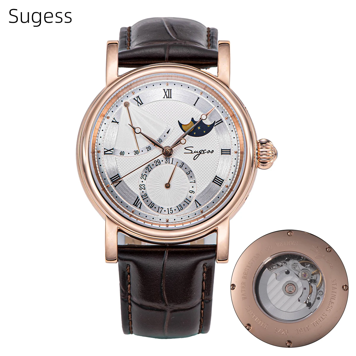 Sugess Men Watch Automatic Mechanical Original 2153 Movement Moon Phase Power Reserved Water Resistant Wristwatches Sapphire New