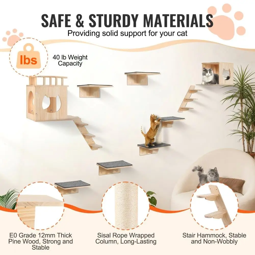 Wall Mounted Cat Tree with Multi-Level Shelves, Jumping Boards, Nests, and Hammock Set of 9