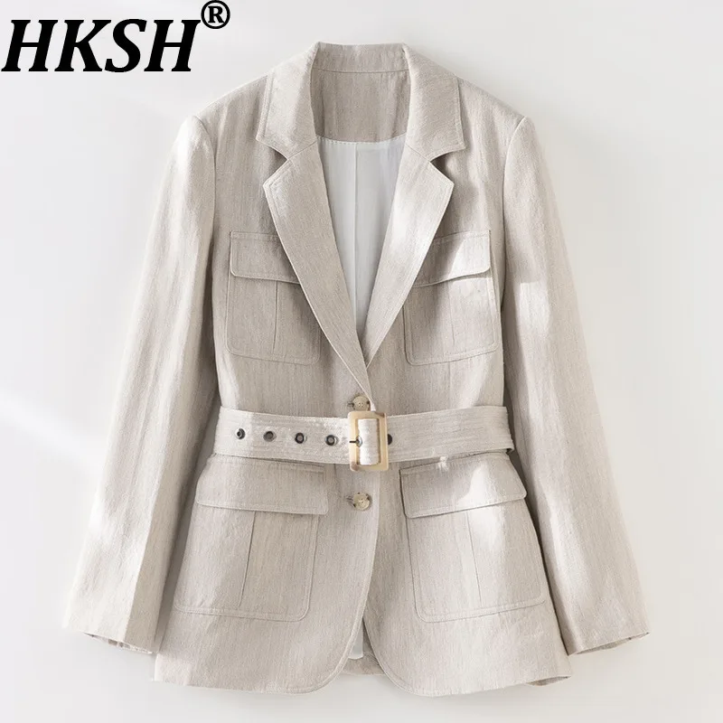 

HKSH Autumn New Women Blazer Notched Single Breasted Sashes Multi-pocket High-end Safari Style Office Lady Elegant Coats HK11366