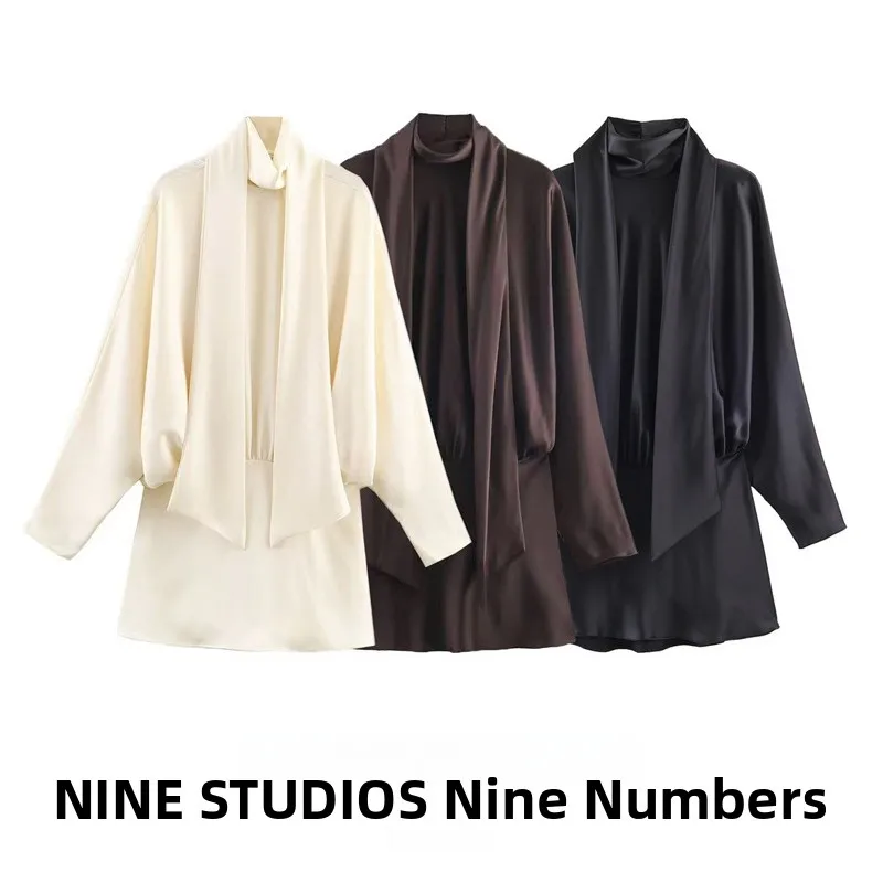 Silk Satin ort Dr with Scarf Long Sve Waist Cinched A-Line Skirt Women's Faion Casual Polyester Fiber Gown