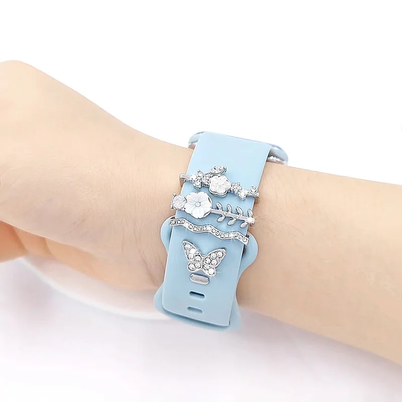 Watch Band Charms Decorative Metal Ornaments, Butterfly Flower Rhinestone Watch Strap Accessories Decor for Silicone Bands