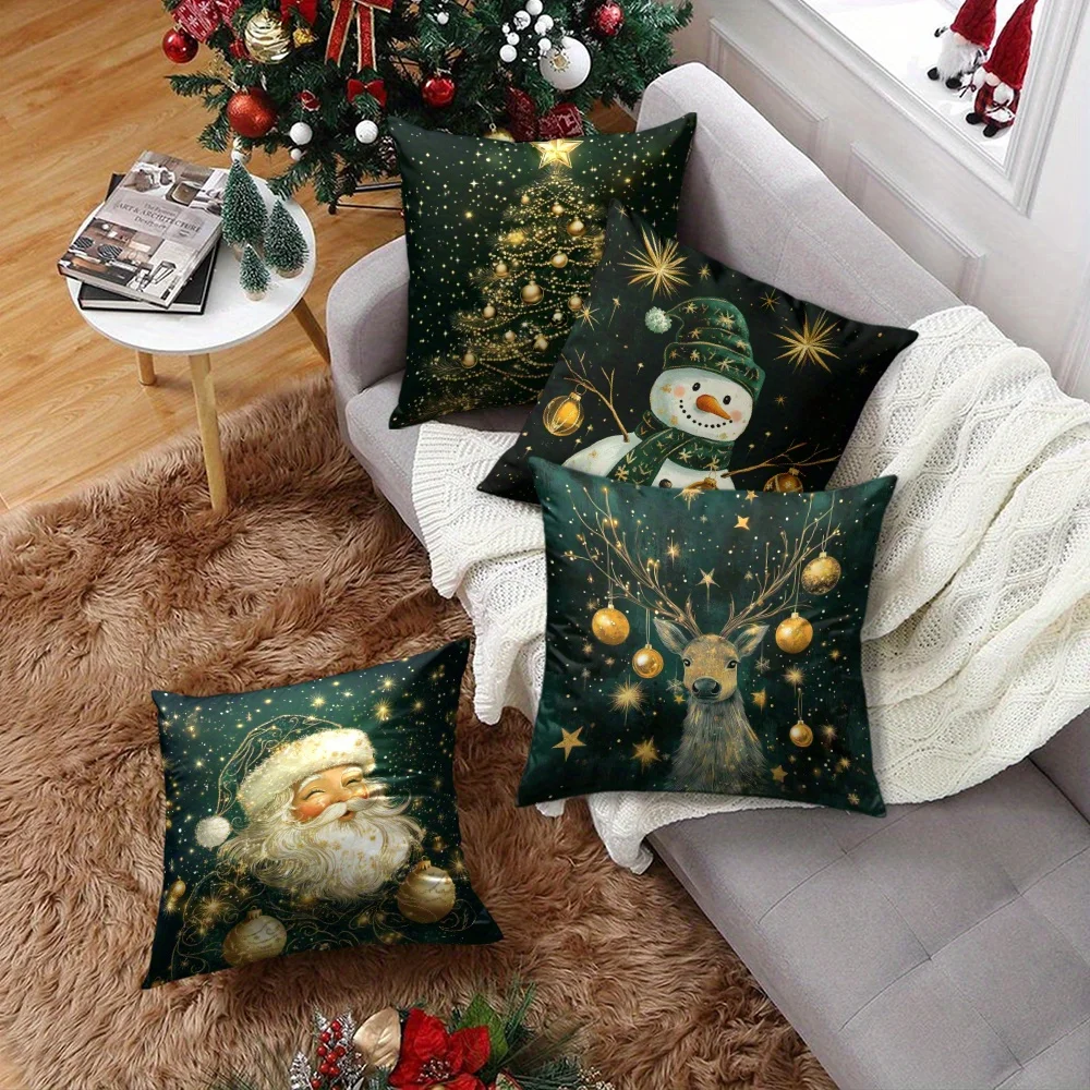 4 fundas  almohada naviñas acuadas para coraciones festivas - Santa ver y dorado, renos, muñeco  nieve, cubiertas co