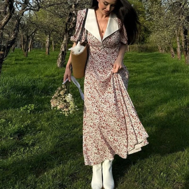 

2025 New Digital Print Temperament Lapel Floral Bubble Sleeve High Waist Dress for Women