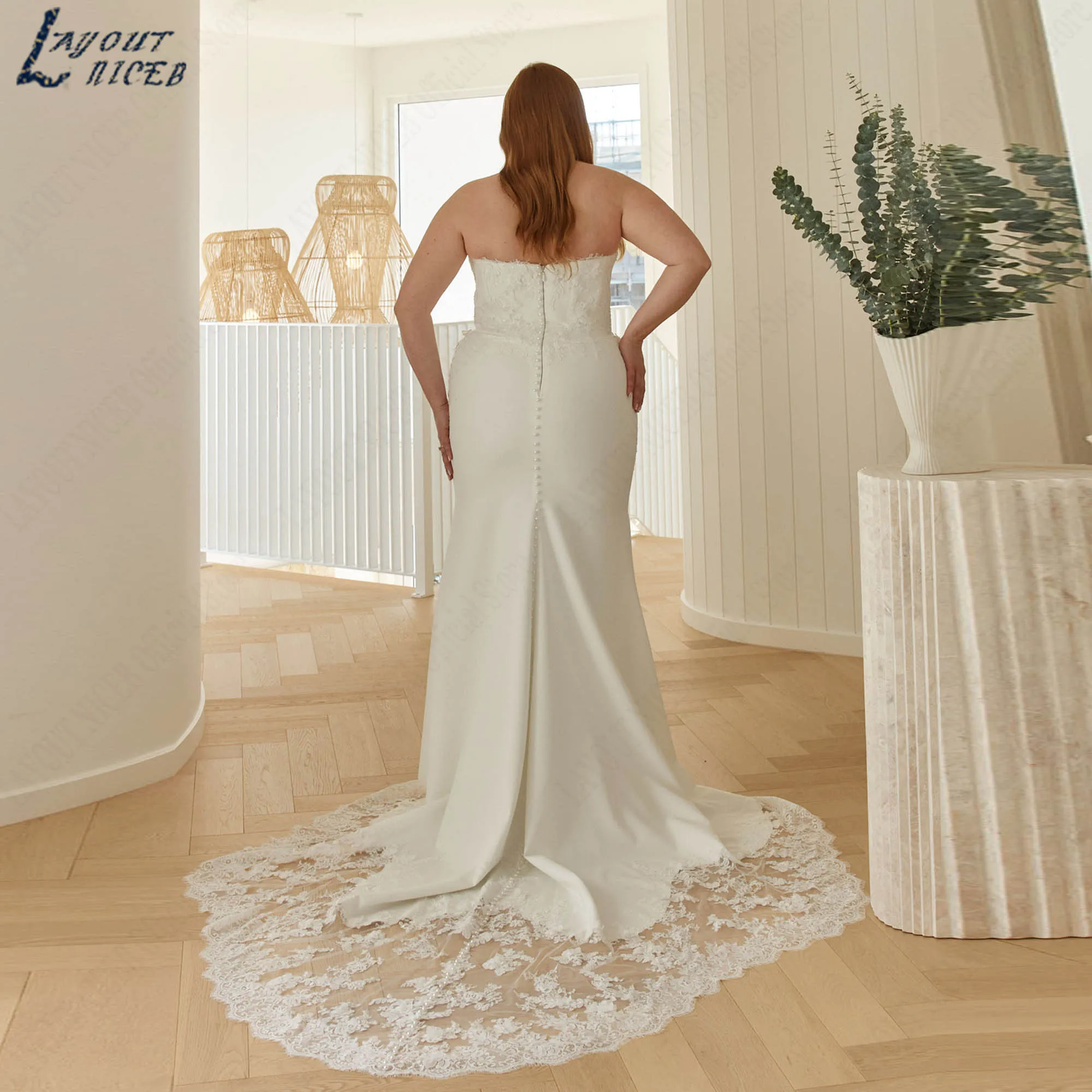 Mermaid Satin Appliques Bridal Dress Elegant Wedding Gowns For Curvy Brides 3/4 Sleeves Strapless vestidos de novia Customized