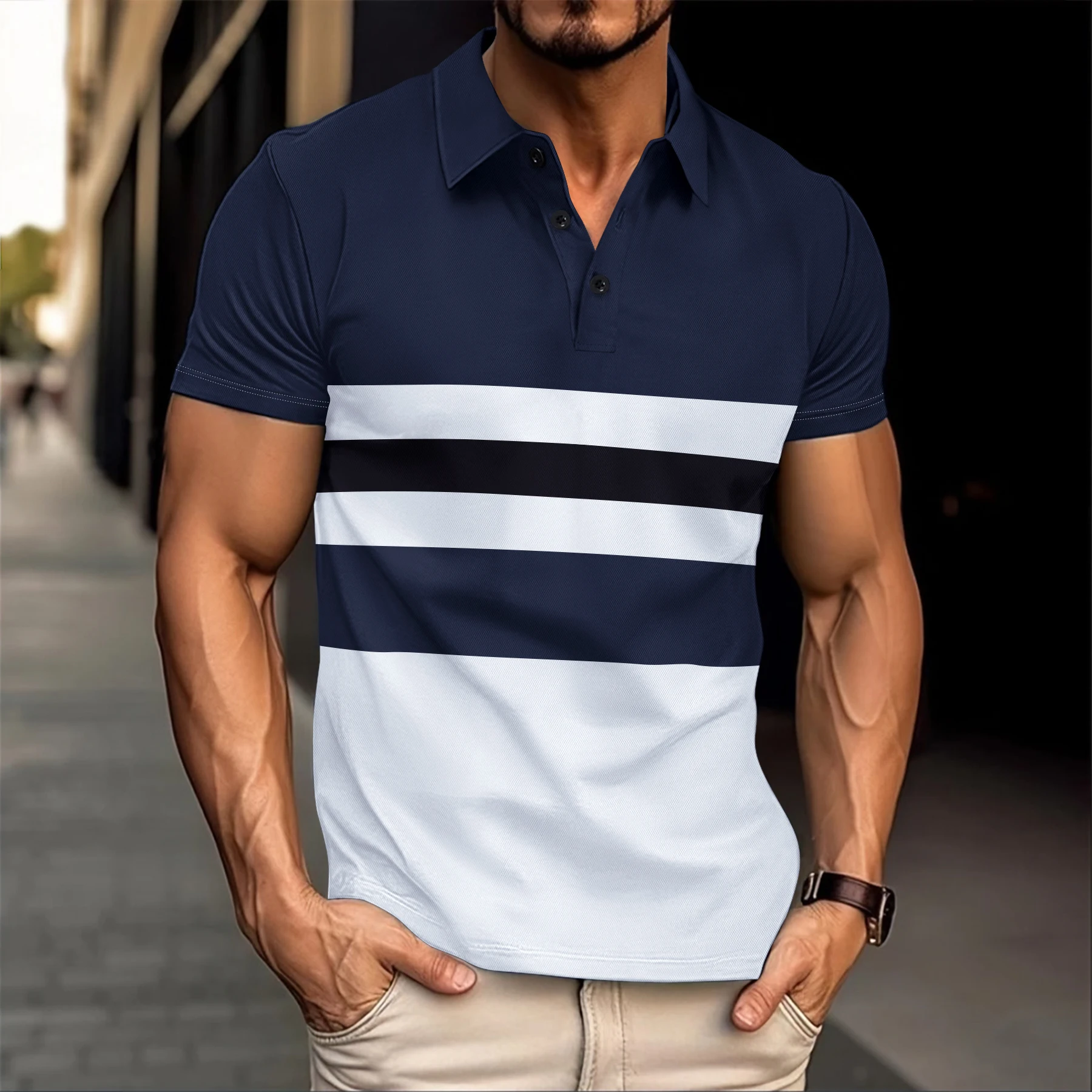 The Best-Selling Summer Men\'s Polo Shirt Lapel Button Men\'s Short Sleeve Patchwork Striped Print Casual Men\'s Short Sleeve