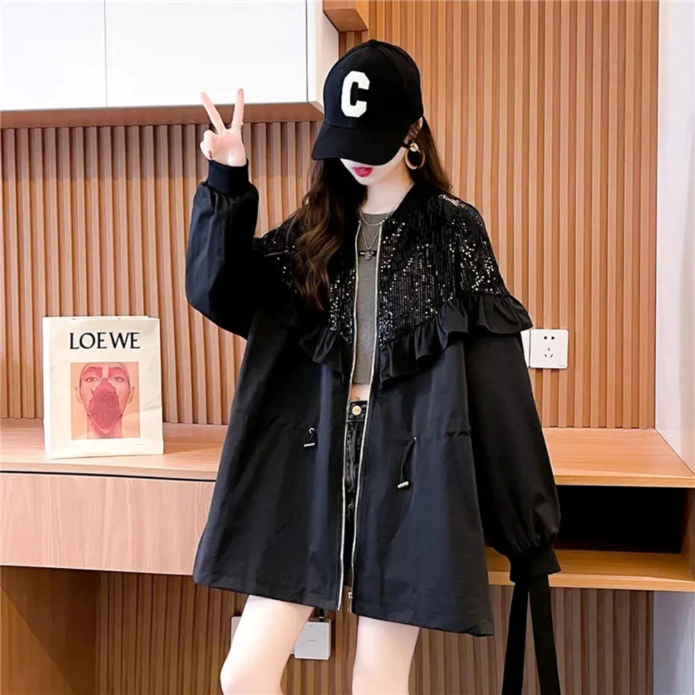 Fashion Sequin Jackets For Womens Spring Autumn Ruffles Coat Female Clothing Casual Drawstring Windbreaker Black Streetwear Tops