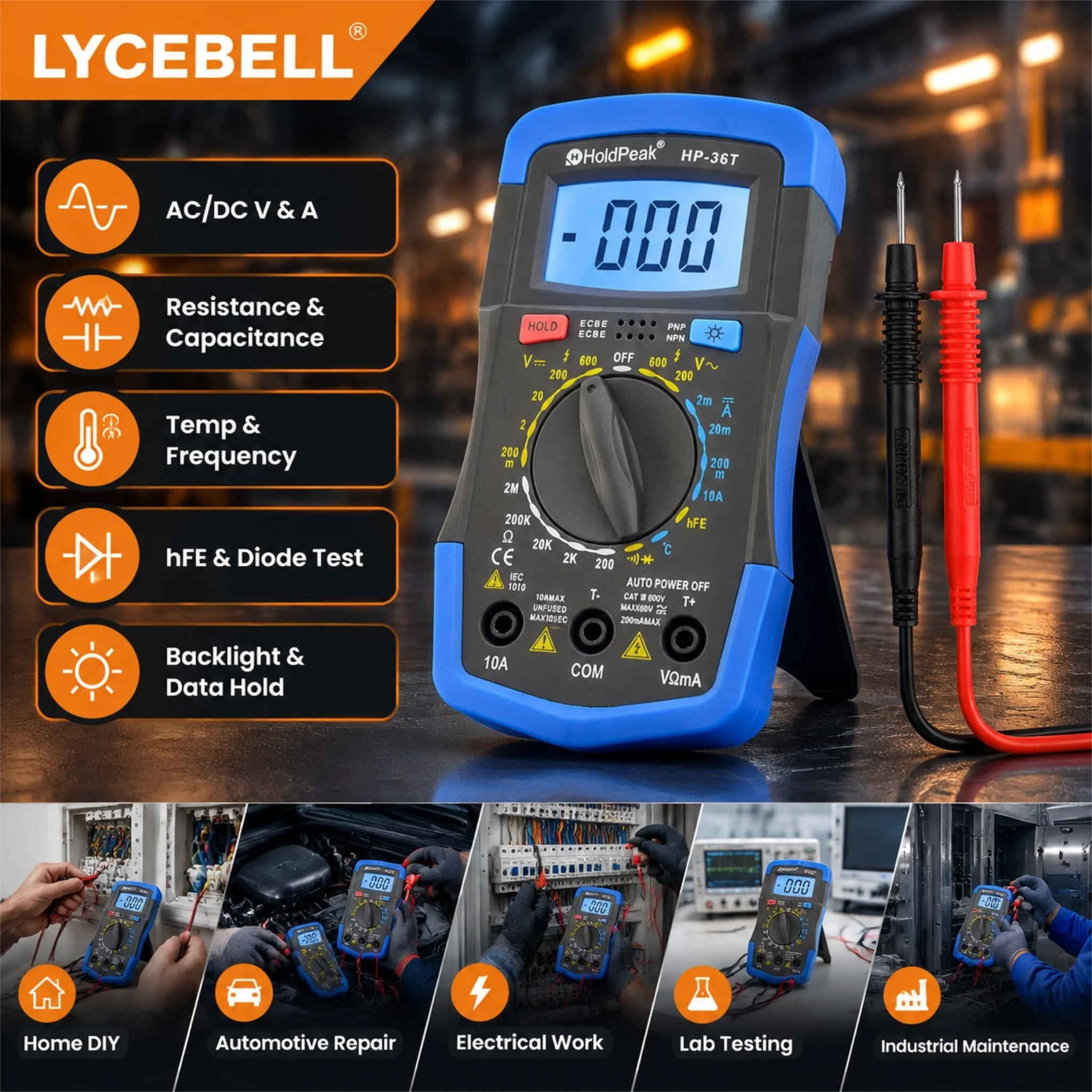 HoldPeak 36T Digital Multimeter 3 1/2 Digits AC/DC Voltage Current Resistance hFE Capacitance Buzzer Backlight Auto Off