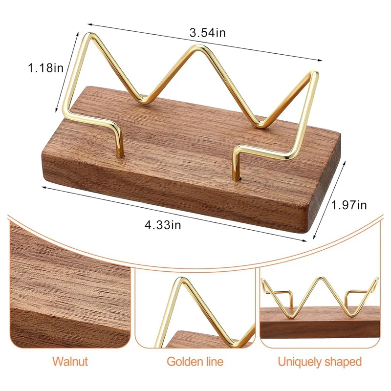 4 PCS Wood Business Card Holder Gold Card Holder Stand Name Card Organizer Wood+Metal Name Card Business Card Display Holders