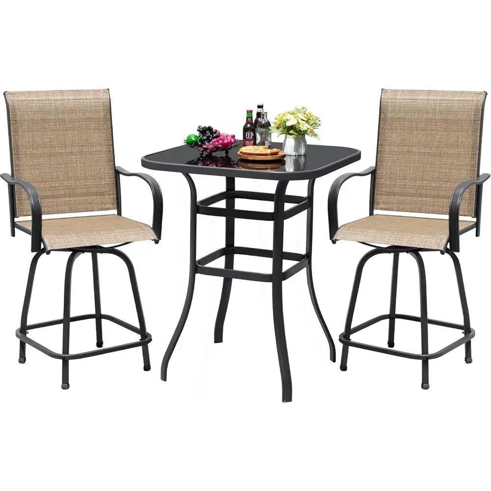 

3-Piece Swivel Bar Set with High Top Table and Textilene Sling Chairs for Outdoor Patio or Balcony