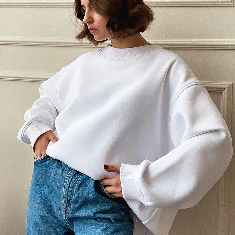 

Loose Cotton Oversized Hoodies Fashion Women Autumn Winter Round-neck Fleece Pullovers Women Solid Warm Hooded Sweatshirts 29676