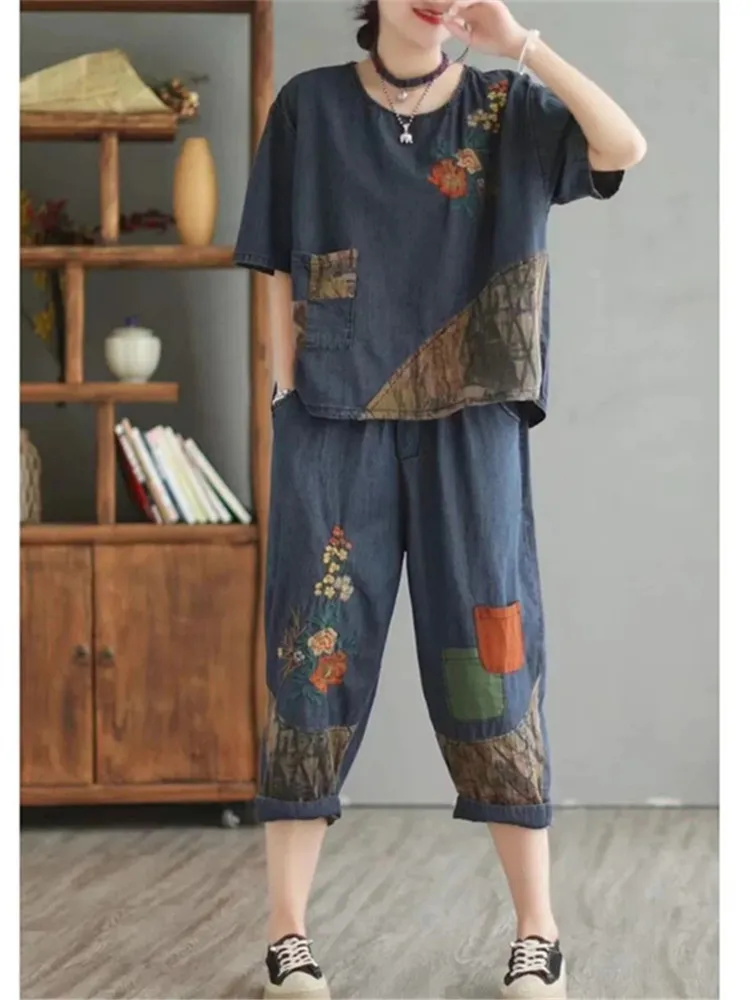 2024 Summer New Korean Fashion Embroidery Denim 2 Piece Set Top + Pants Women Cowboy Suit Thin Casual Outfit Suit Female Clothes