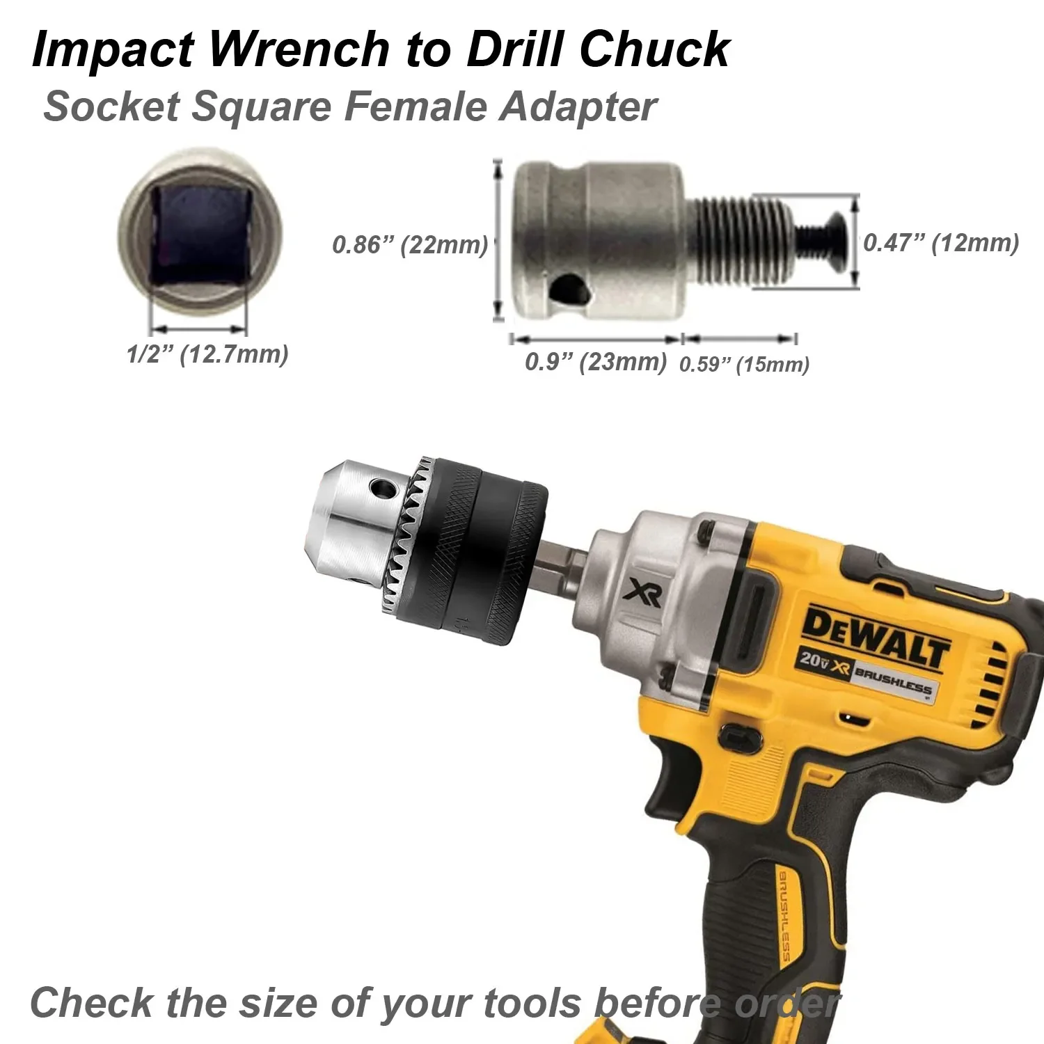 Drill Chuck Converter Adapter for Impact Wrench Power Driver Electric Hammer SDS-Plus Hex Socket Square Female Convert 1/2 3/8