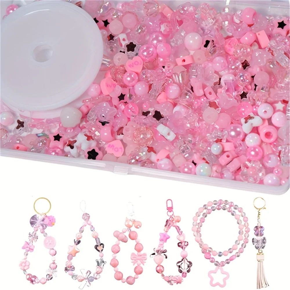 300pcs acrylic pink pentagram beads, large hole round beads, plum blossom beads, butterfly beads, 6-12mm DIY bracelet series rin