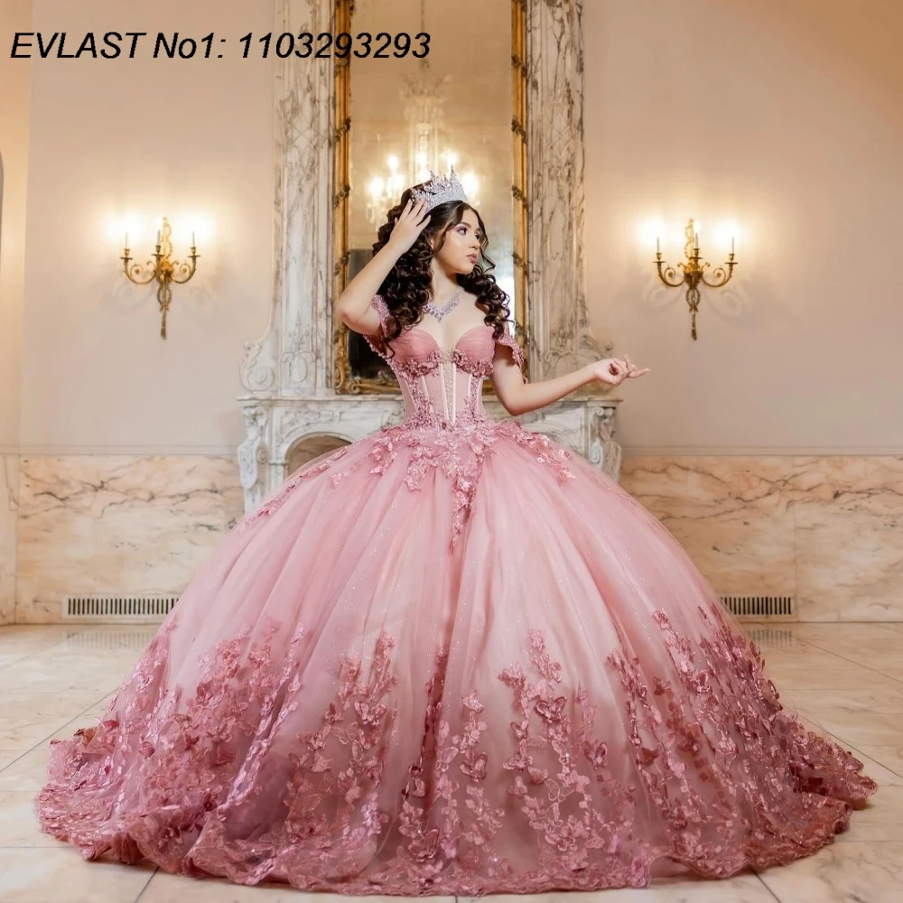 EVLAST Aangepaste Glanzende Blush Baljurk Quinceanera Jurk Kant Applique Kralen Crystal Cape Sweet 16 Vestidos De 15 Anos E1Q917