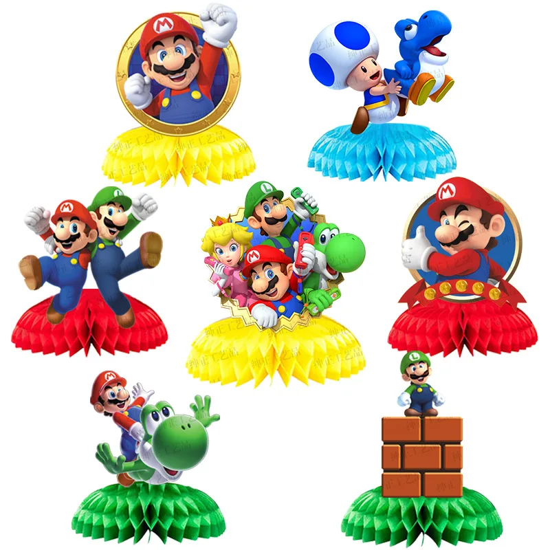 

7pcs/set Super Mario Theme Honeycomb Paper Fan Ornament Birthday Party Desktop Decoration Supplies for Wedding X-mas Decoration