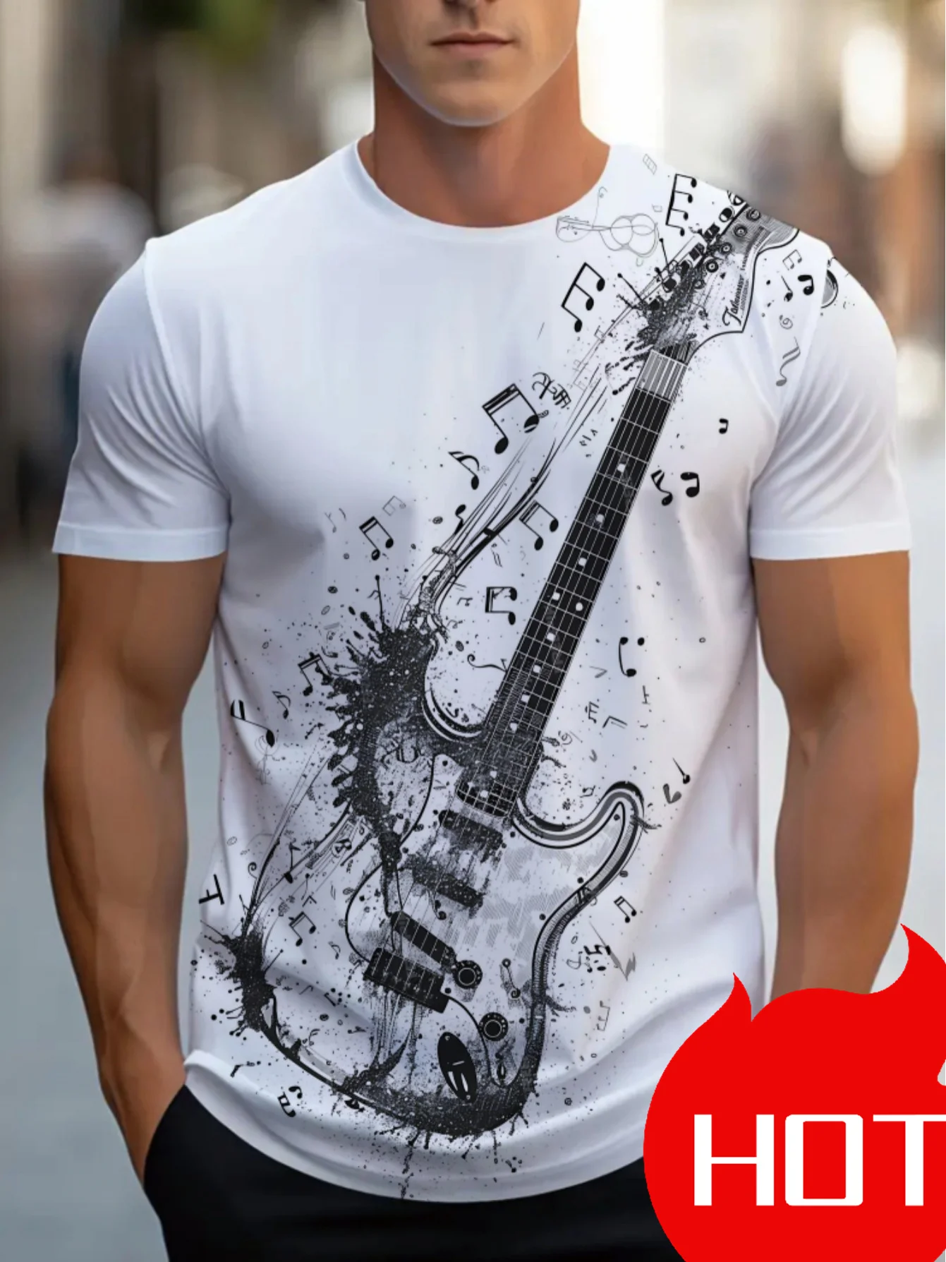 Men’s Vintage Ink Splash Guitar Graphic Short Sleeve T-Shirt, Casual Crew Neck Music Tee for Street and Daily Outfits