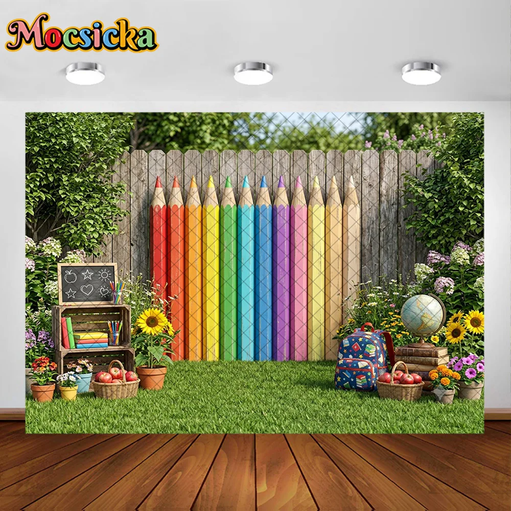 Mocsicka Photography Backdrop Giant Colorful Pencils Garden Fence Decoration Kids Back to School Party Portrait Studio Props