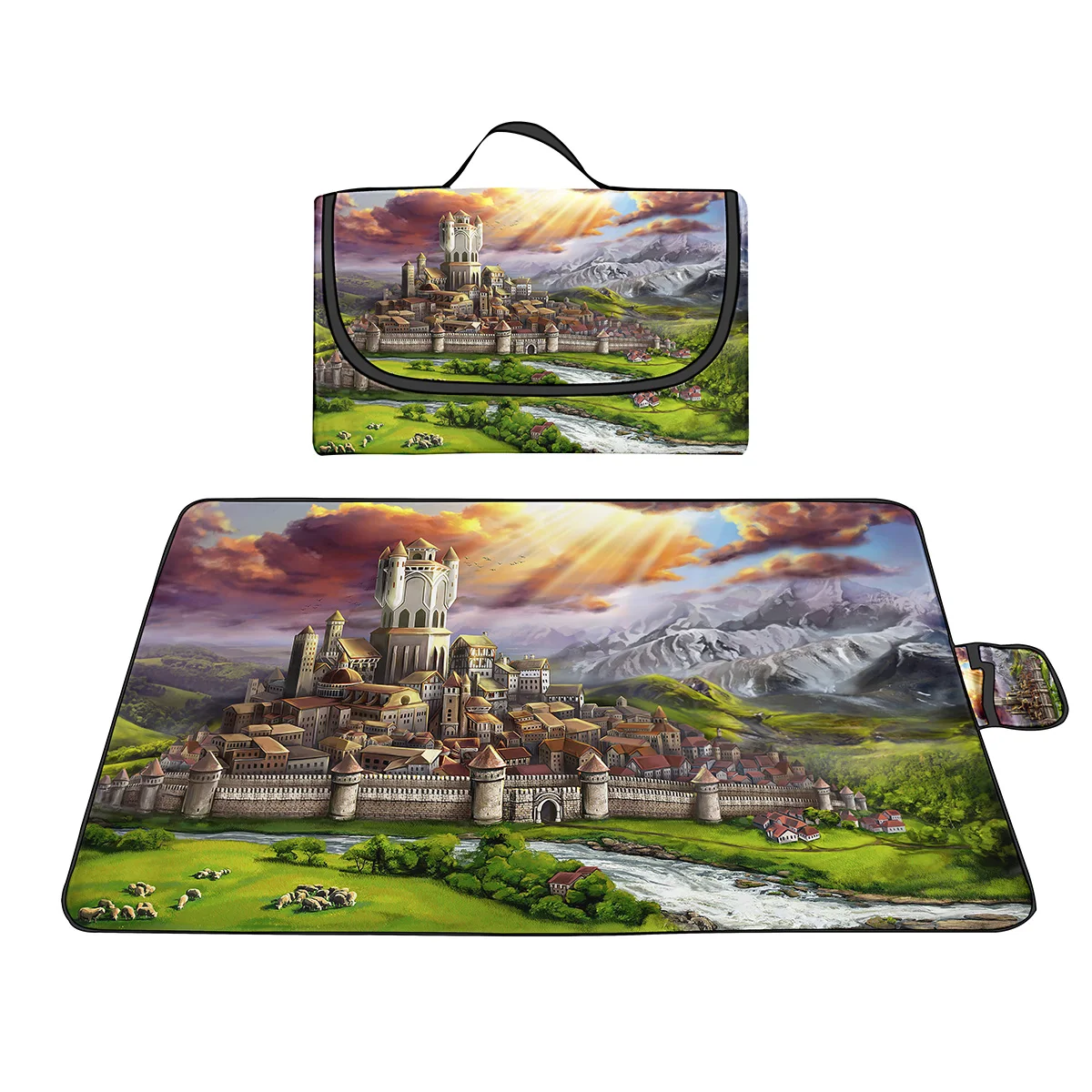 Fantasy Castle Print Picnic Outdoor Blanket,Waterproof Foldable Blankets Picnic Mat for Beach,Camping on Grass Picnic Blankets