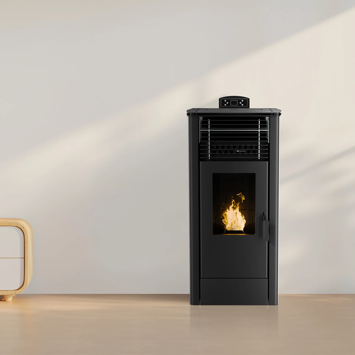 Modern Indoor Steel Pellet Stoves with Remote Control Biomass Wood Wall Insert Fireplace Smokeless for Living Room Use