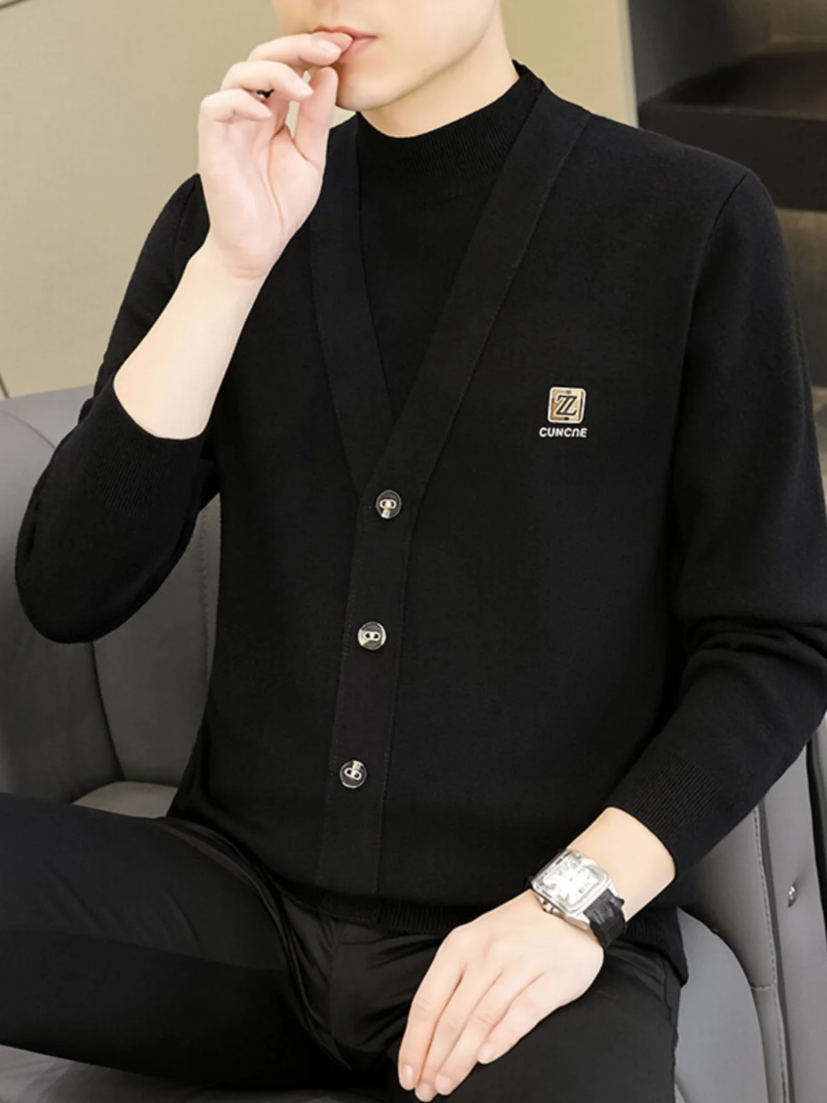 

Мужской вязаный свитер с высоким воротником, модный повседневный базовый слой, имитация двухслойности, весна-осень