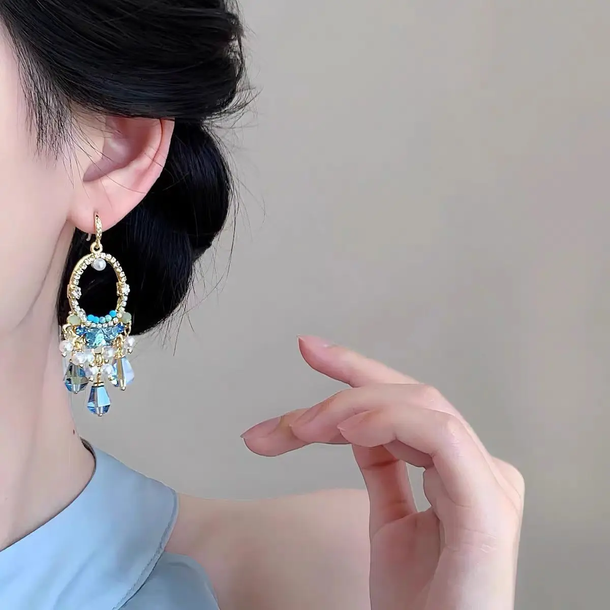 Blue Crystal Chandelier Earrings Dreamy Waterdrop Dangle Palace Baroque Vintage Wedding Jewelry Royal Luxury Ear Pendents